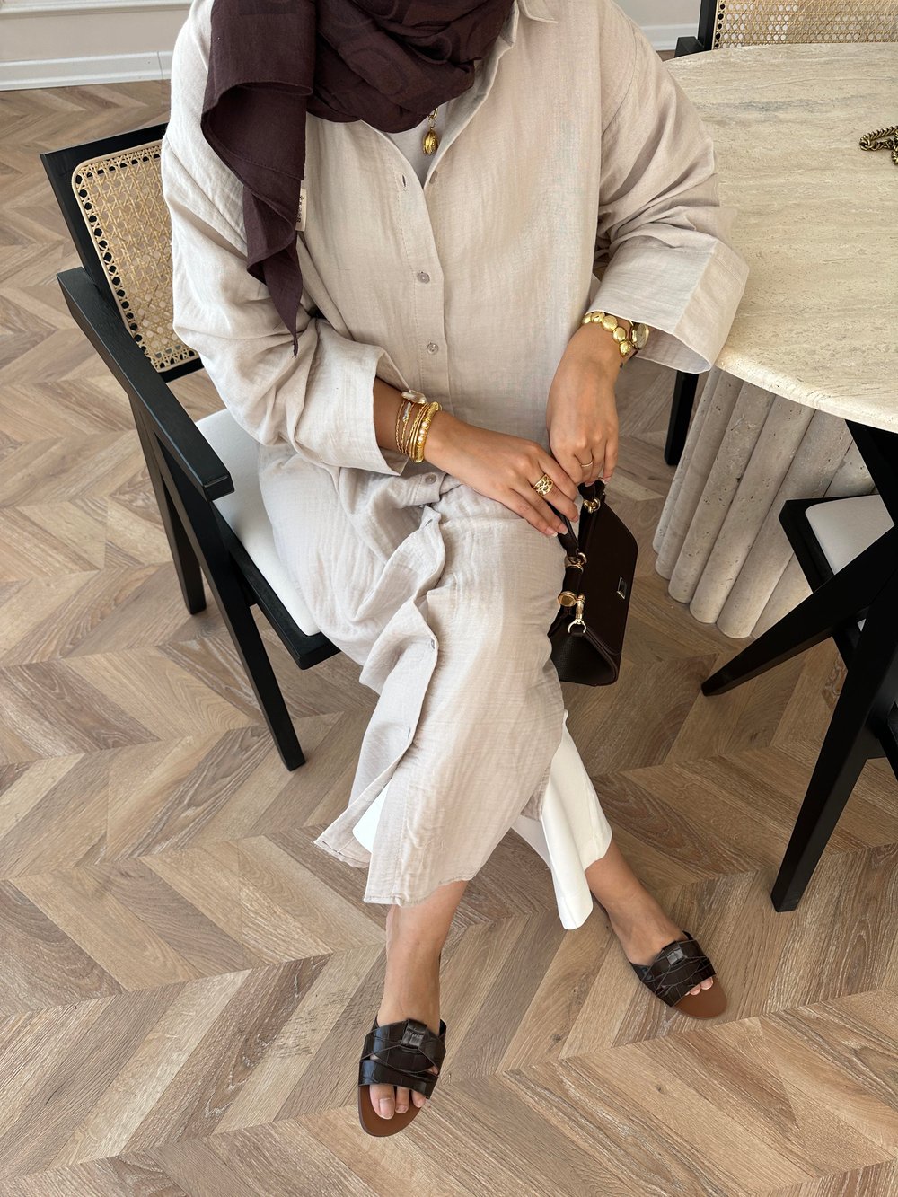 Uzun Müslin Gömlek Bej