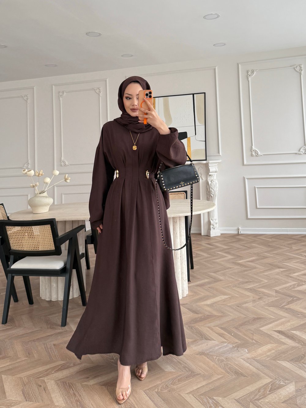 Vasilisa Broş Detaylı Keten Elbise Acı Kahve (1079)