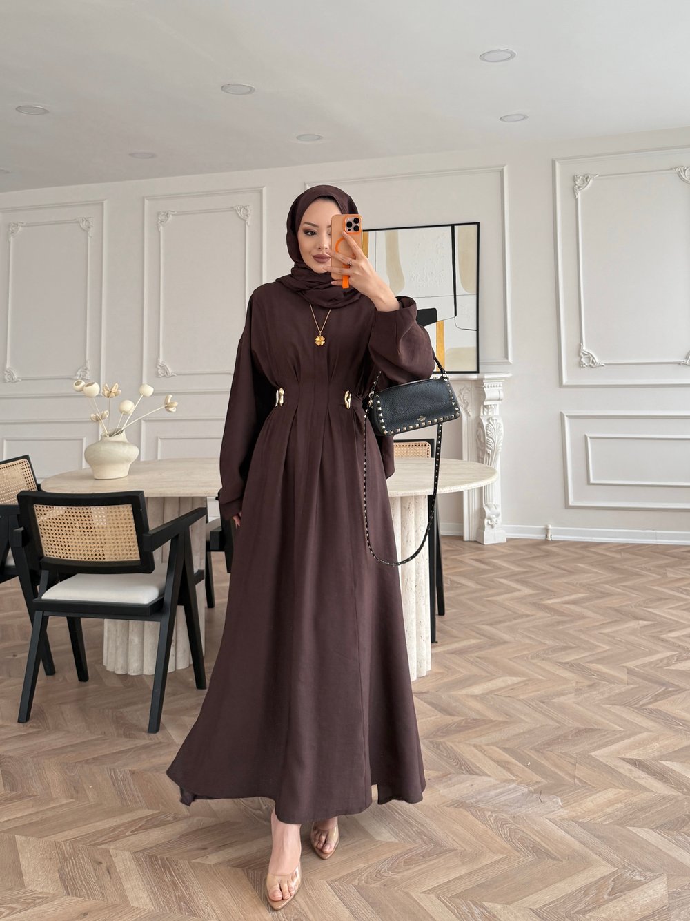 Vasilisa Broş Detaylı Keten Elbise Acı Kahve (1079)