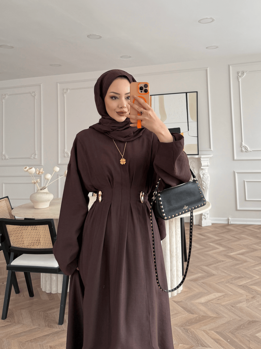 Vasilisa Broş Detaylı Keten Elbise Acı Kahve (1079)