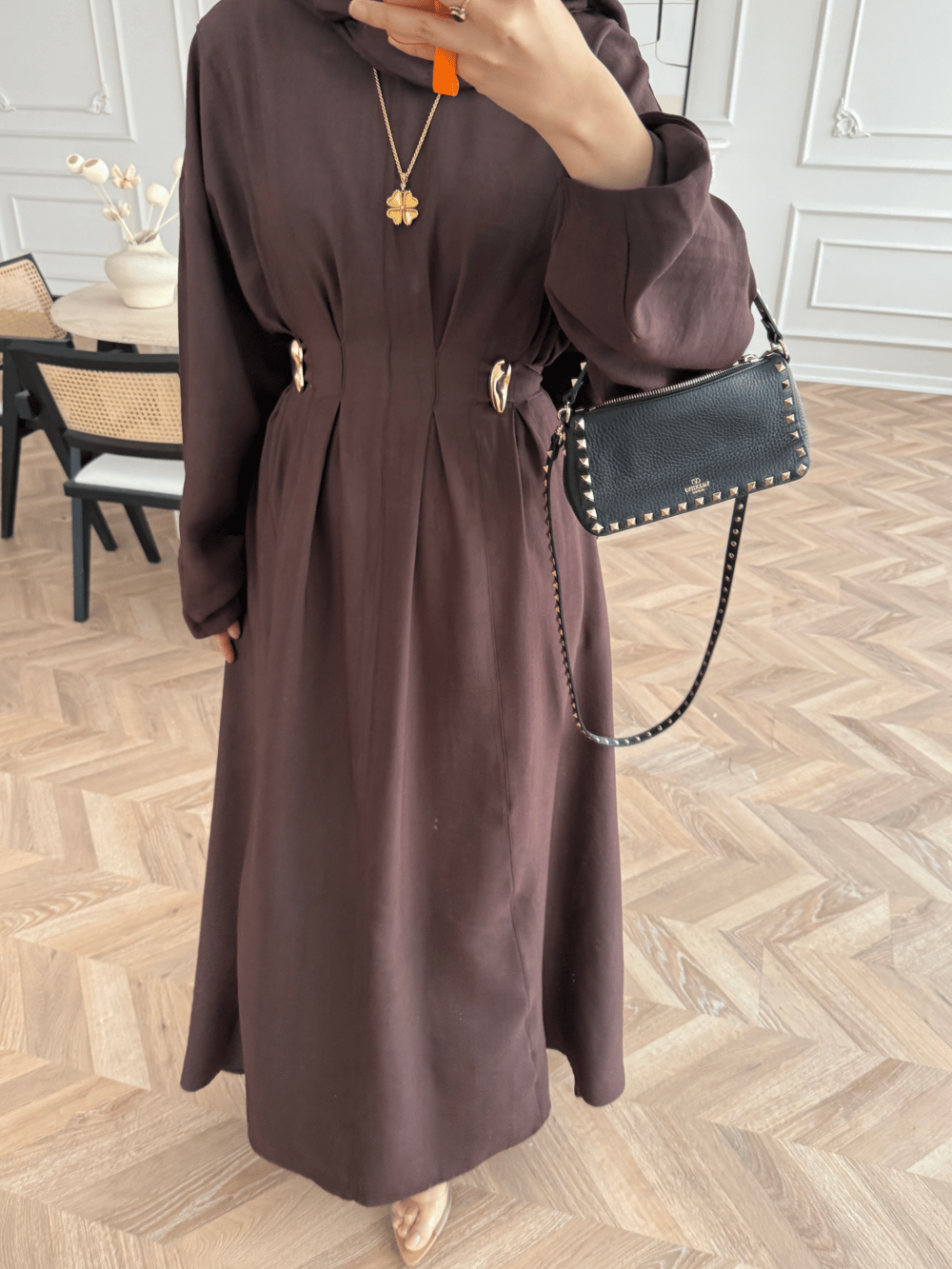 Vasilisa Broş Detaylı Keten Elbise Acı Kahve (1079)