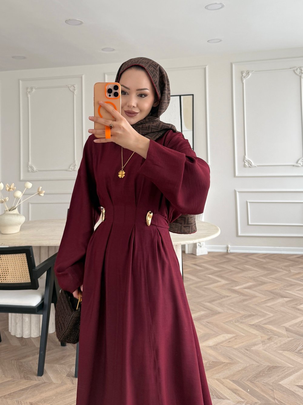 Vasilisa Beoş Detaylı Keten Elbise Bordo (1079)