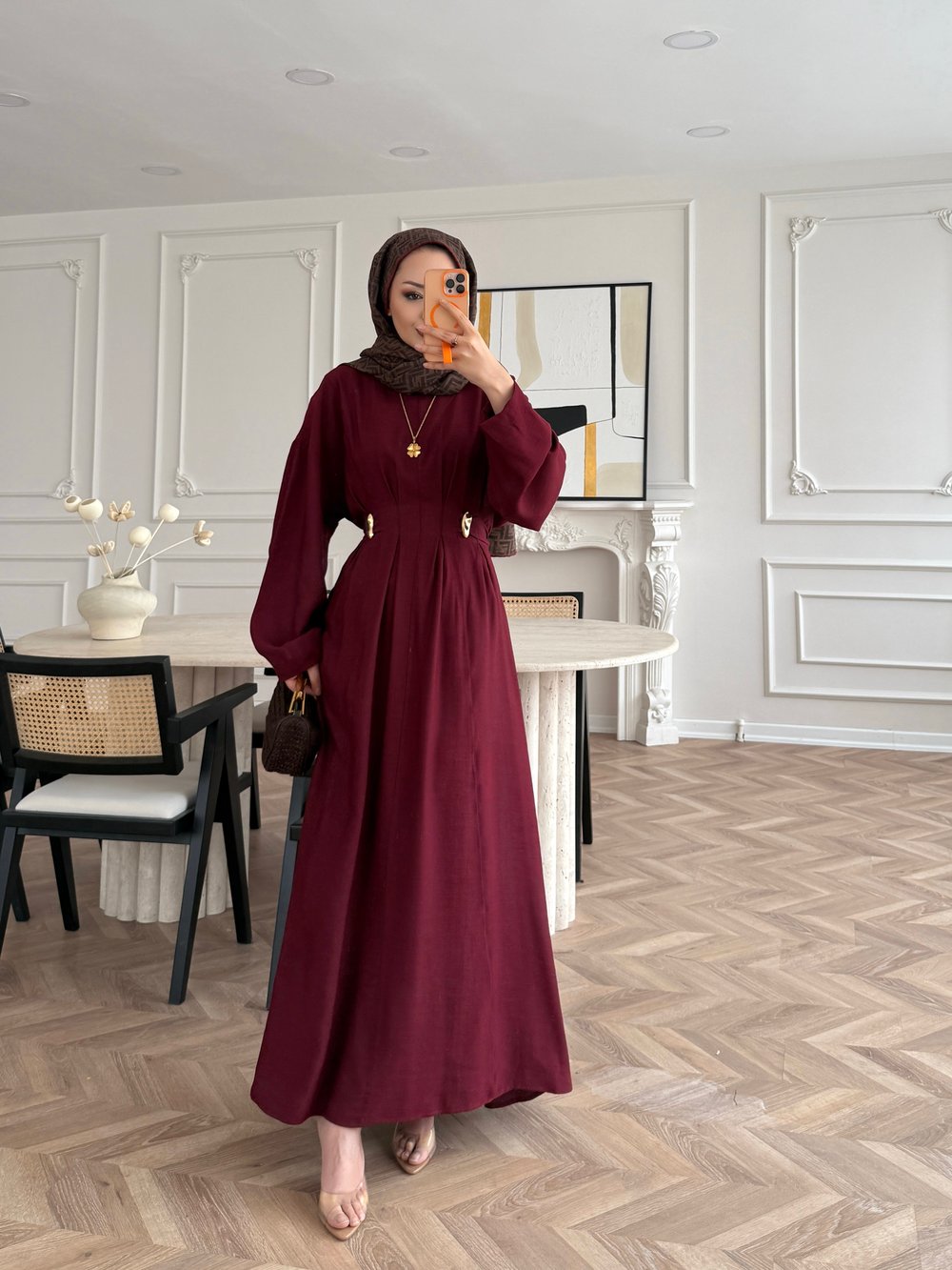Vasilisa Beoş Detaylı Keten Elbise Bordo (1079)