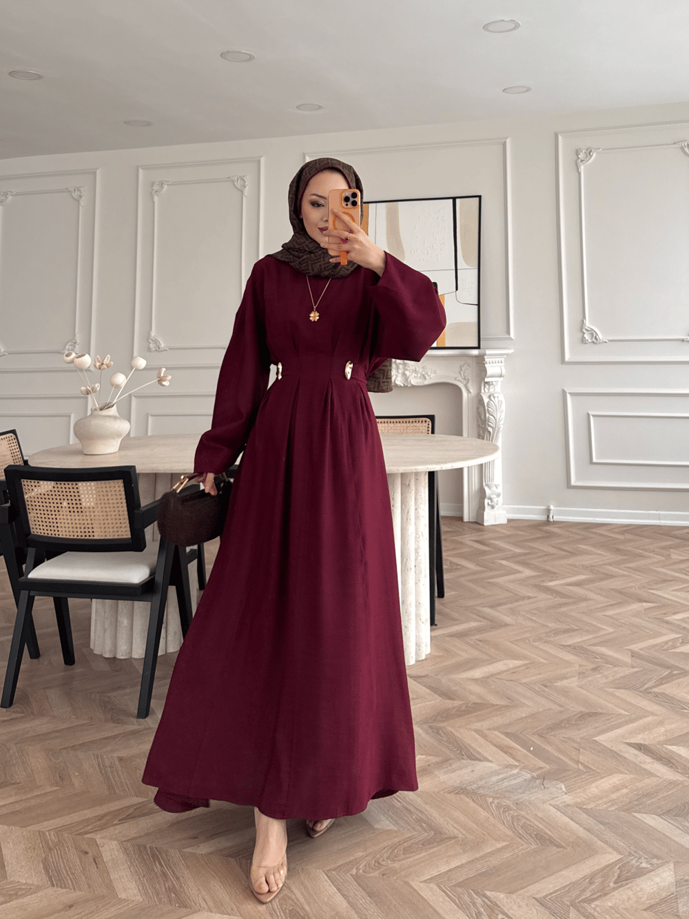 Vasilisa Beoş Detaylı Keten Elbise Bordo (1079)