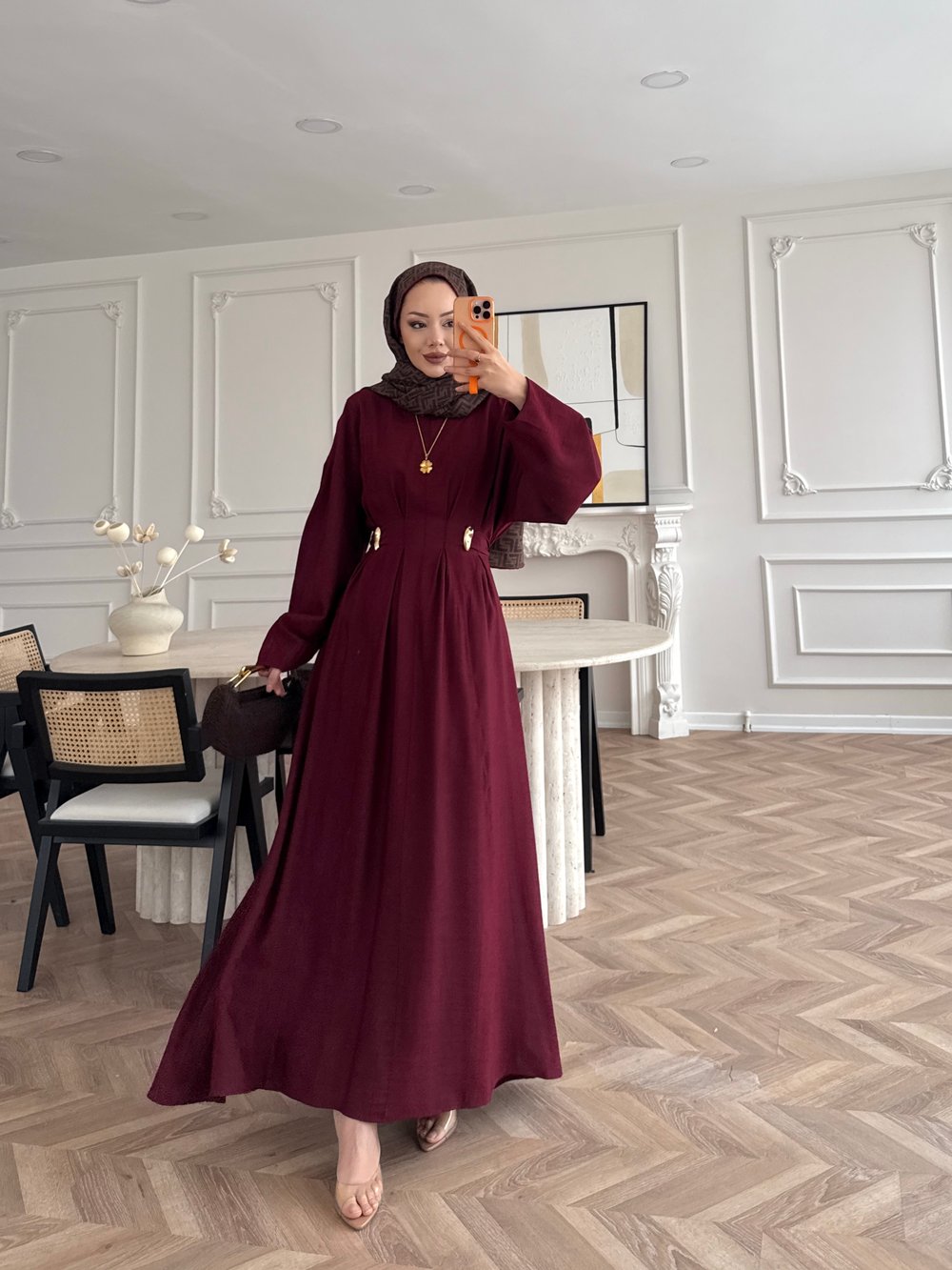 Vasilisa Beoş Detaylı Keten Elbise Bordo (1079)