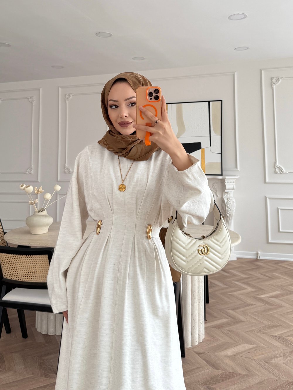 Vasilisa Broş Detaylı Keten Elbise Ekru (1079)