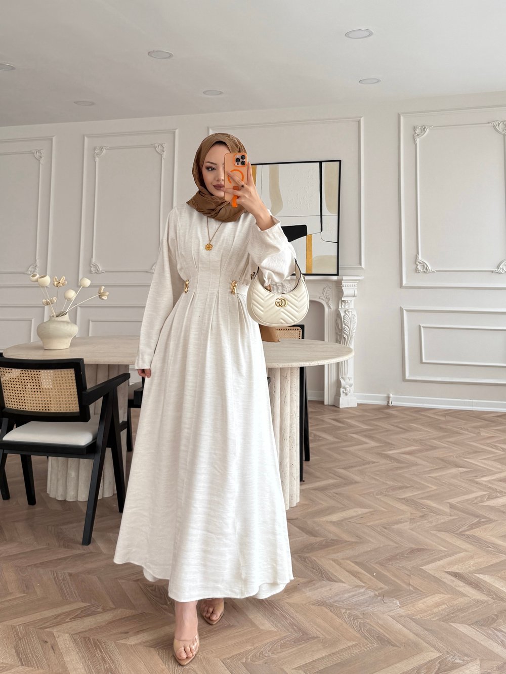 Vasilisa Broş Detaylı Keten Elbise Ekru (1079)