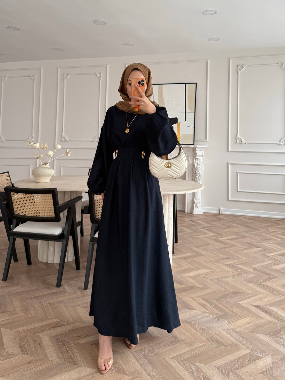 Vasilisa Broş Detaylı Keten Elbise Lacivert (1079)