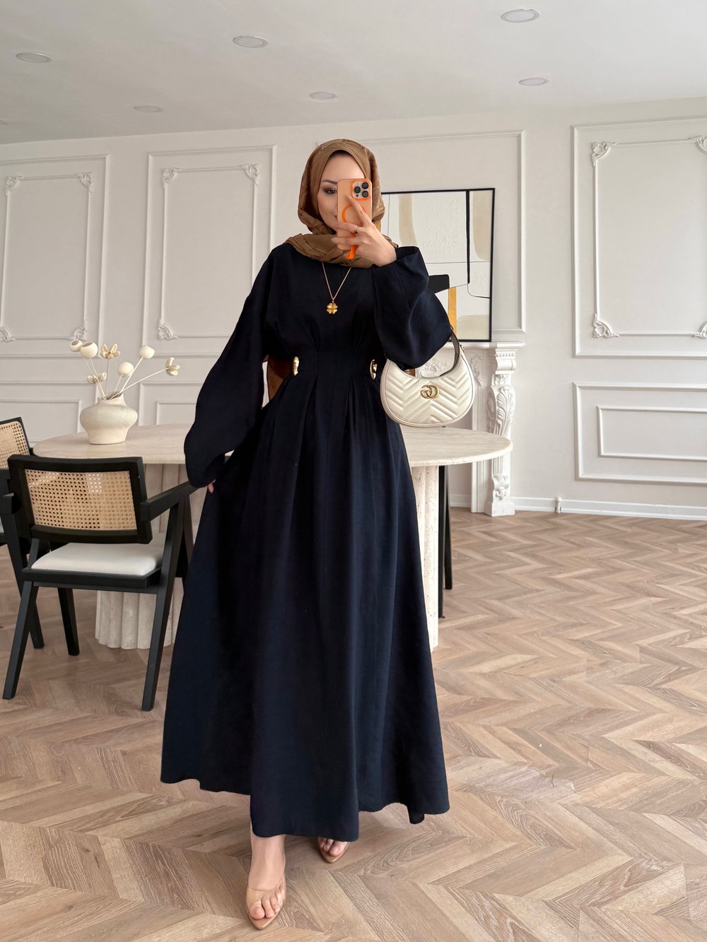 Vasilisa Broş Detaylı Keten Elbise Lacivert (1079)