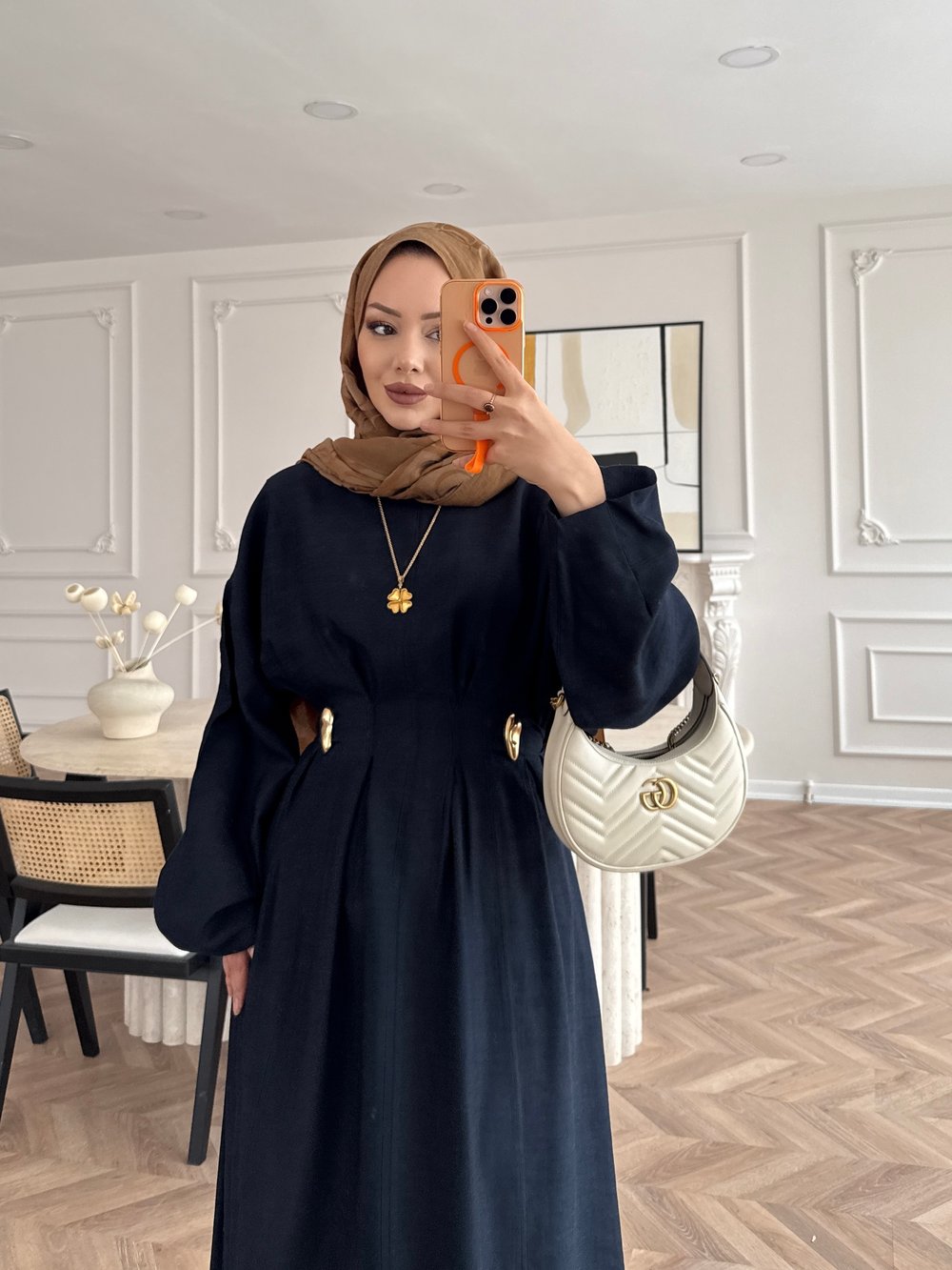 Vasilisa Broş Detaylı Keten Elbise Lacivert (1079)