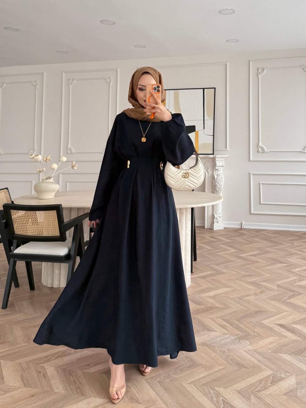 Vasilisa Broş Detaylı Keten Elbise Lacivert (1079)