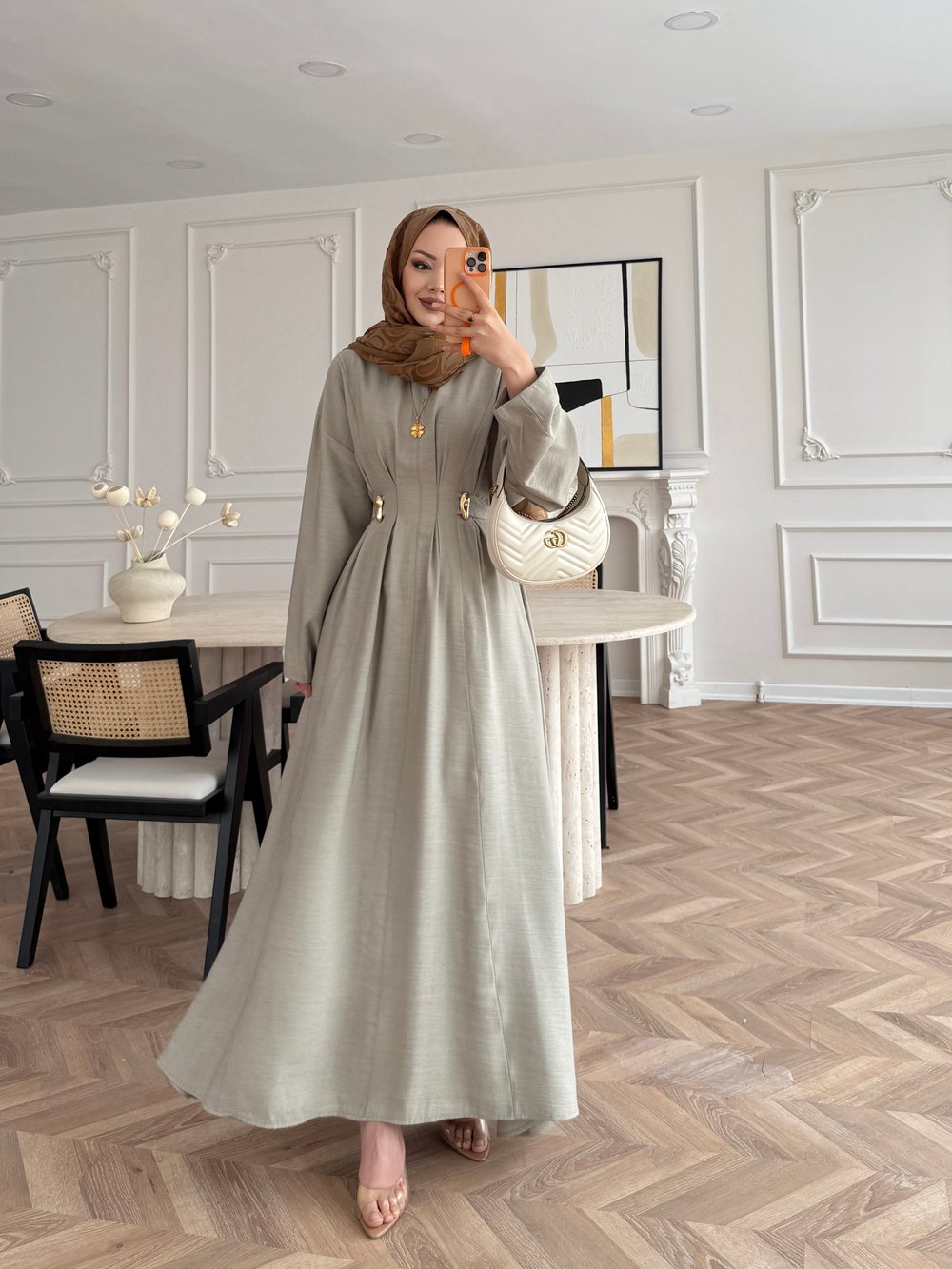 Vasilisa Broş Detaylı Keten Elbise Haki (1079)