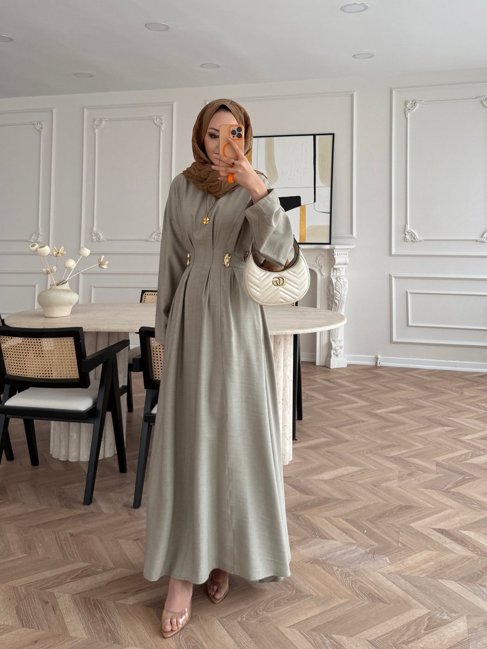 Vasilisa Broş Detaylı Keten Elbise Haki (1079)
