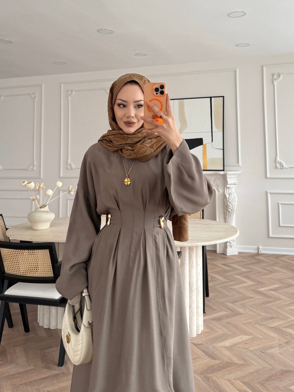 Vasilisa Broş Detaylı Keten Elbise Vizon (1079)