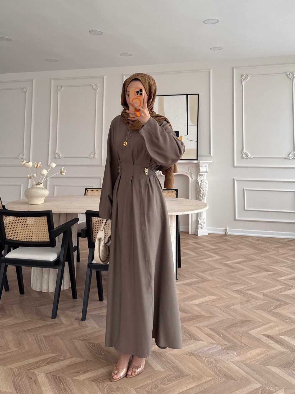 Vasilisa Broş Detaylı Keten Elbise Vizon (1079)