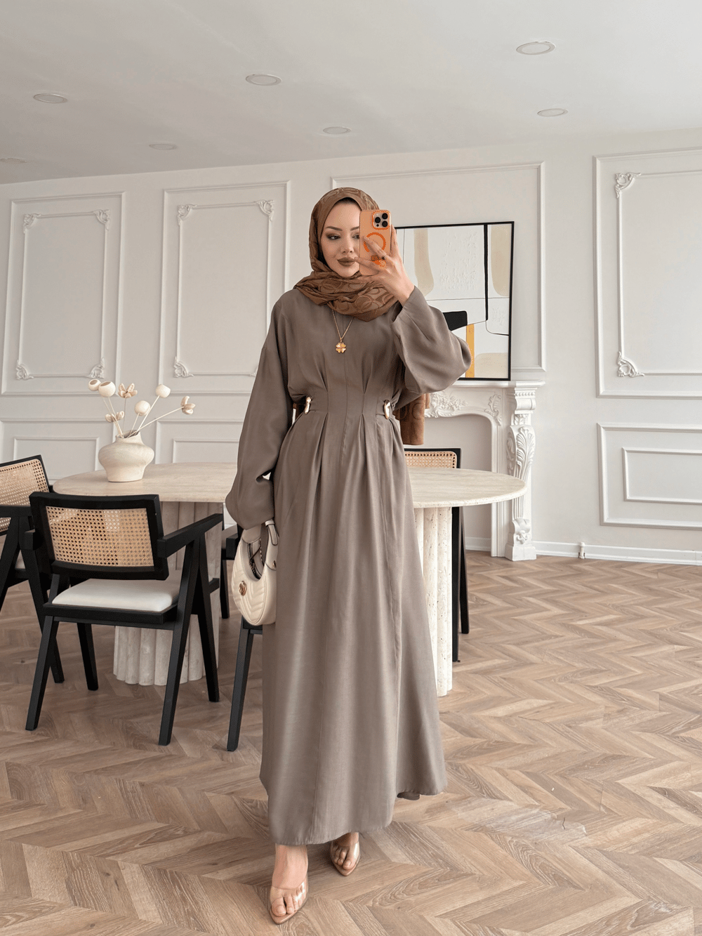 Vasilisa Broş Detaylı Keten Elbise Vizon (1079)
