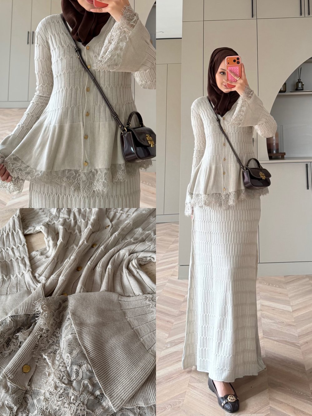 Viona Örme Dantel Detaylı Etekli Takım Bej (4021)