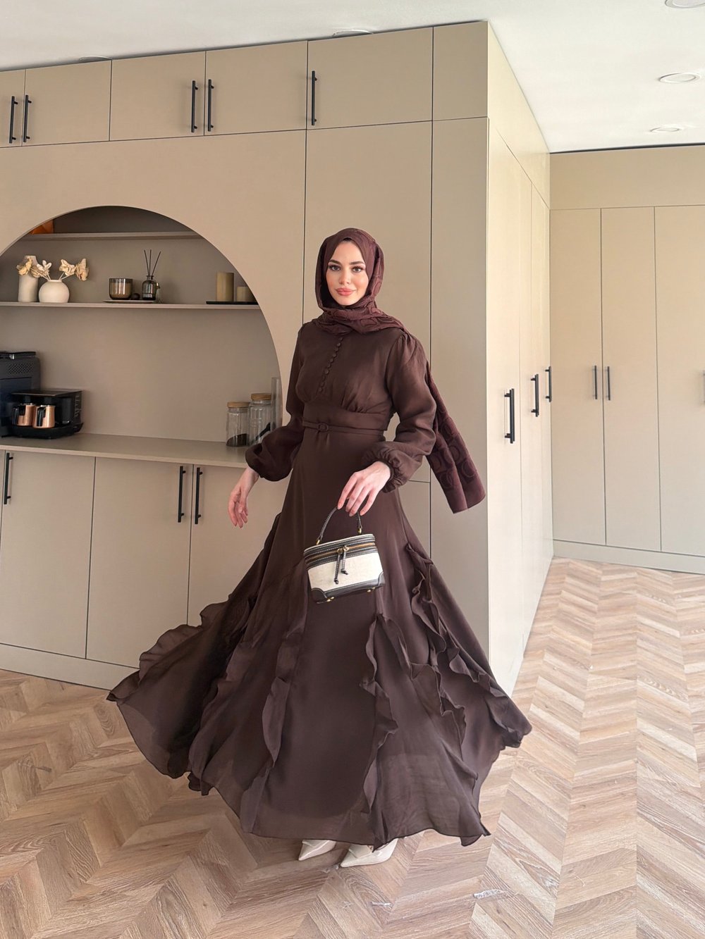 Visal Fırfırlı Elbise Kahve (26173)