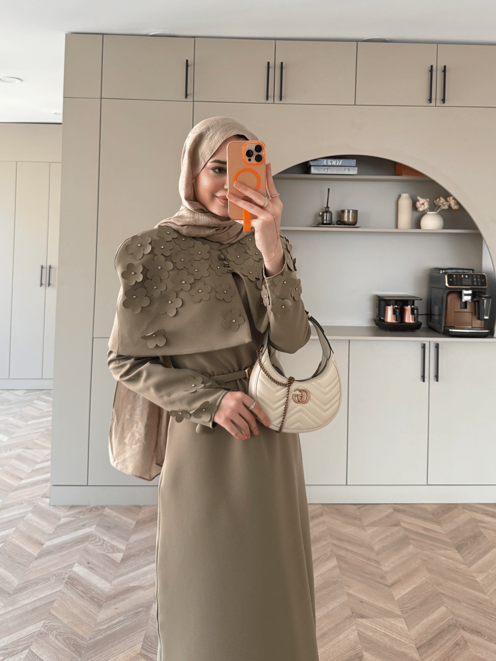 Warm Çiçek Baskılı Pelerin Elbise Haki (26092)