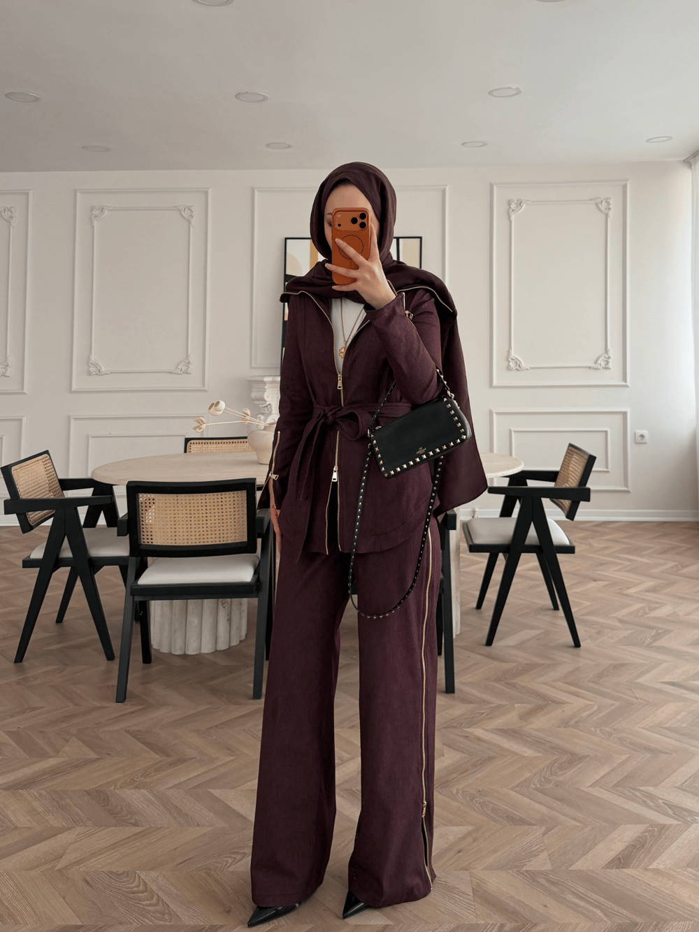 Yelena Fermuar Detaylı Pantolonlu Kot Takım Bordo (629)