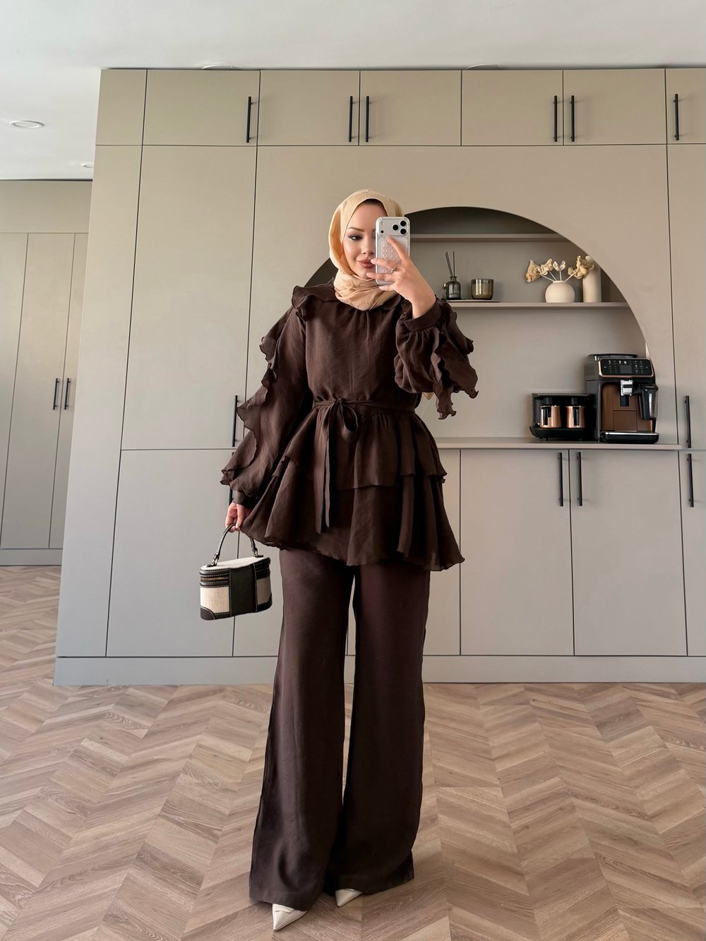 Yosun Fırfırlı Pantolon Takım Acı Kahve (4458)