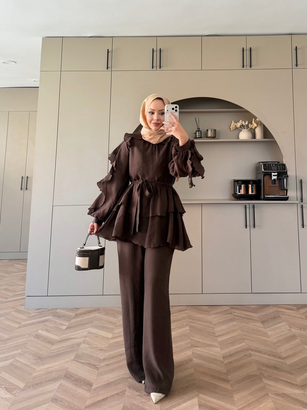 Yosun Fırfırlı Pantolon Takım Acı Kahve (4458)