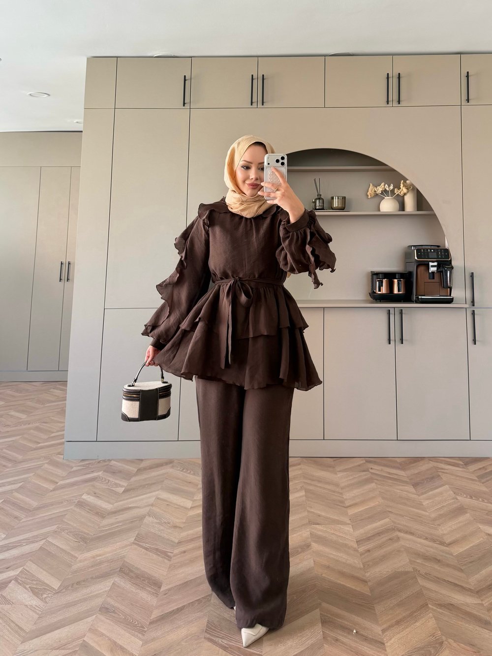 Yosun Fırfırlı Pantolon Takım Acı Kahve (4458)
