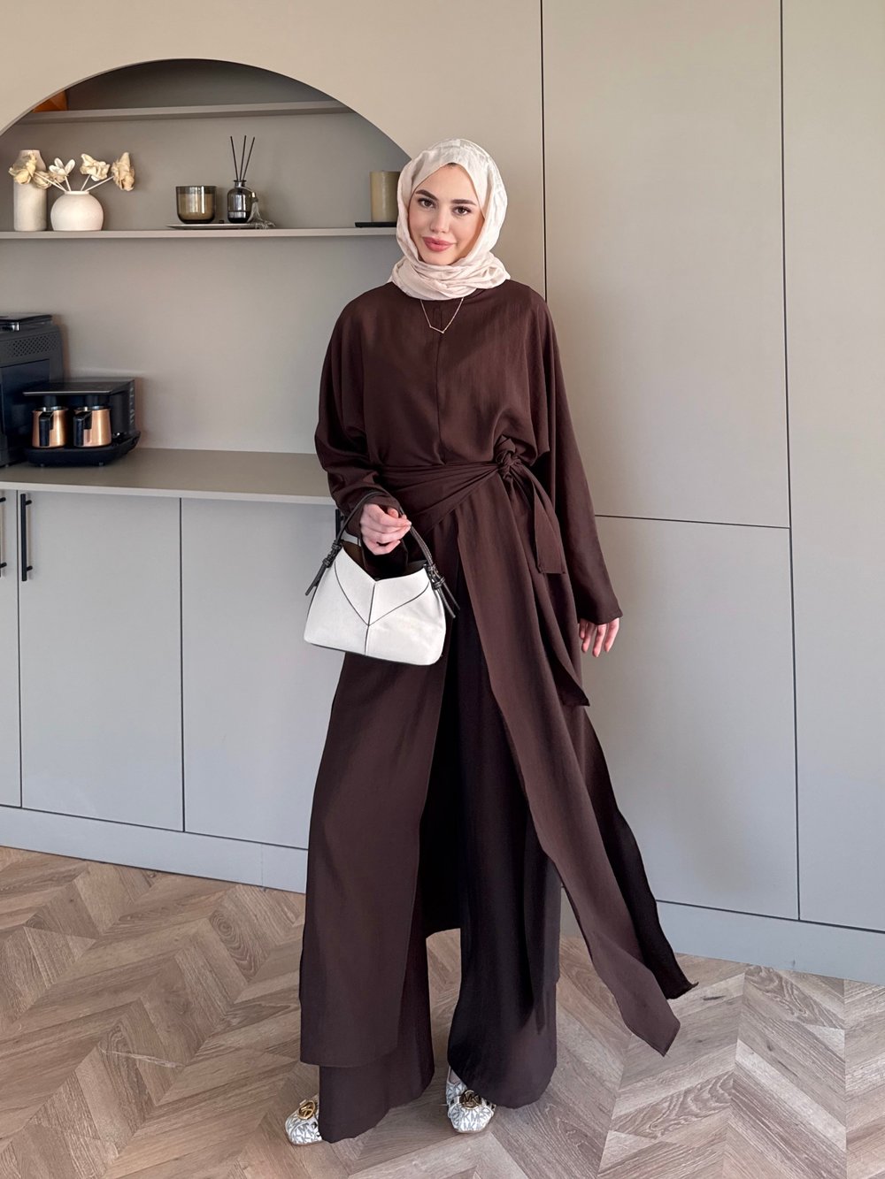 Zyra Omuz Şallı Yırtmaçlı Takım Kahve (2361)