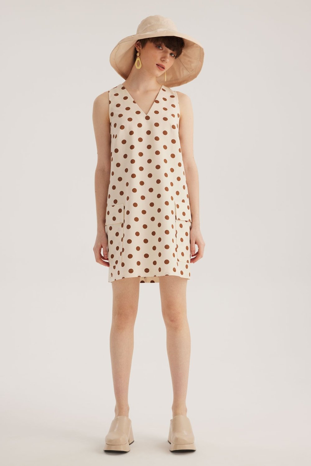 Ekru Puantiyeli V Yaka Mini Elbise