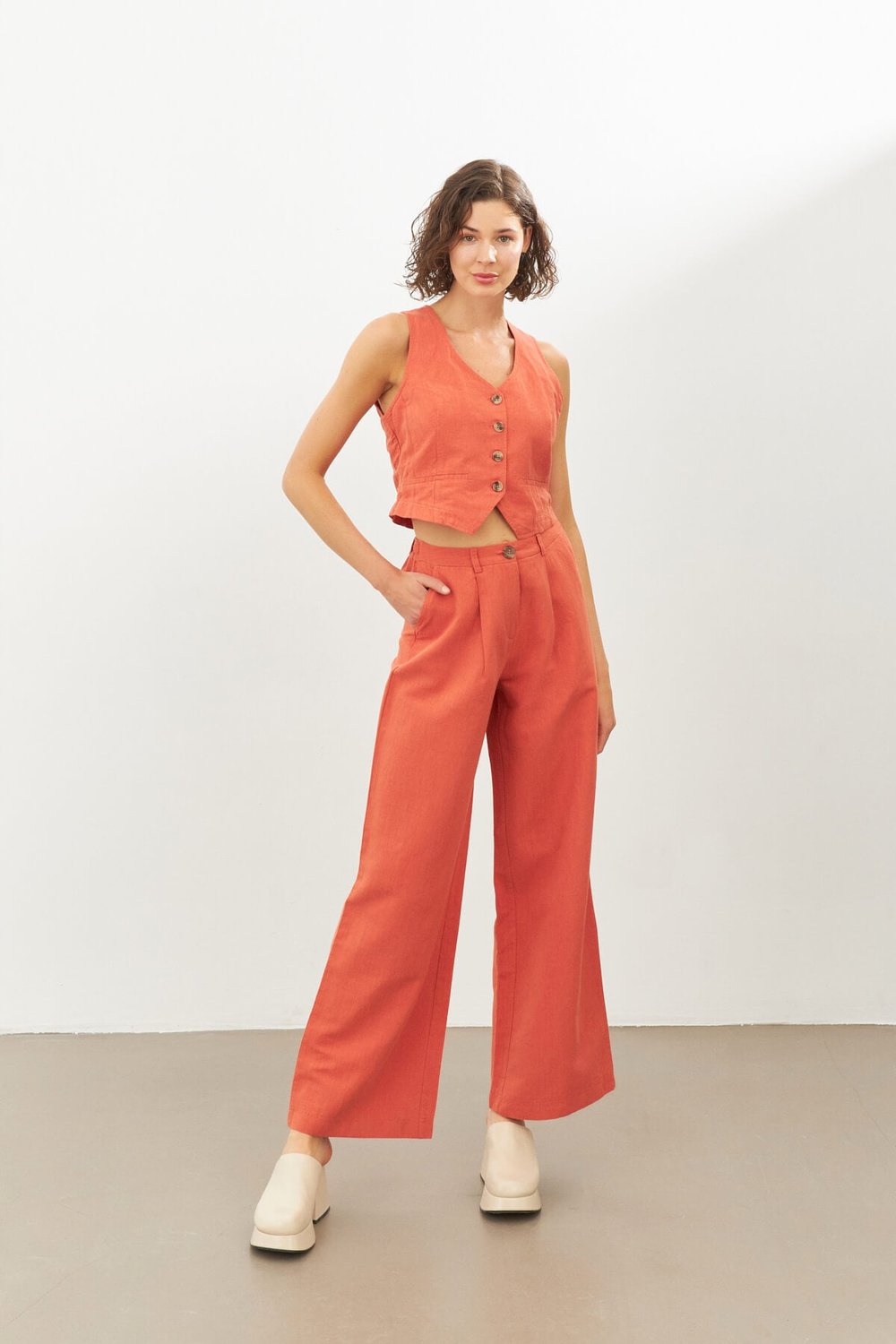 Kiremit Keten Yüksek Bel Wide Leg Pantolon