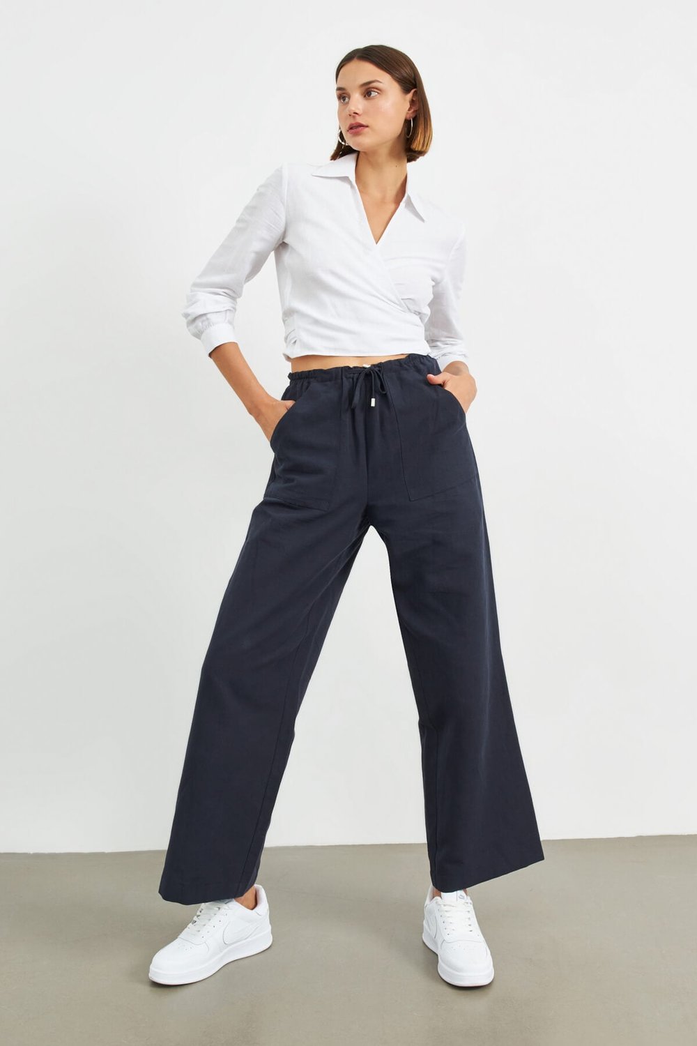 Lacivert Beli Lastikli Keten Basic Pantolon