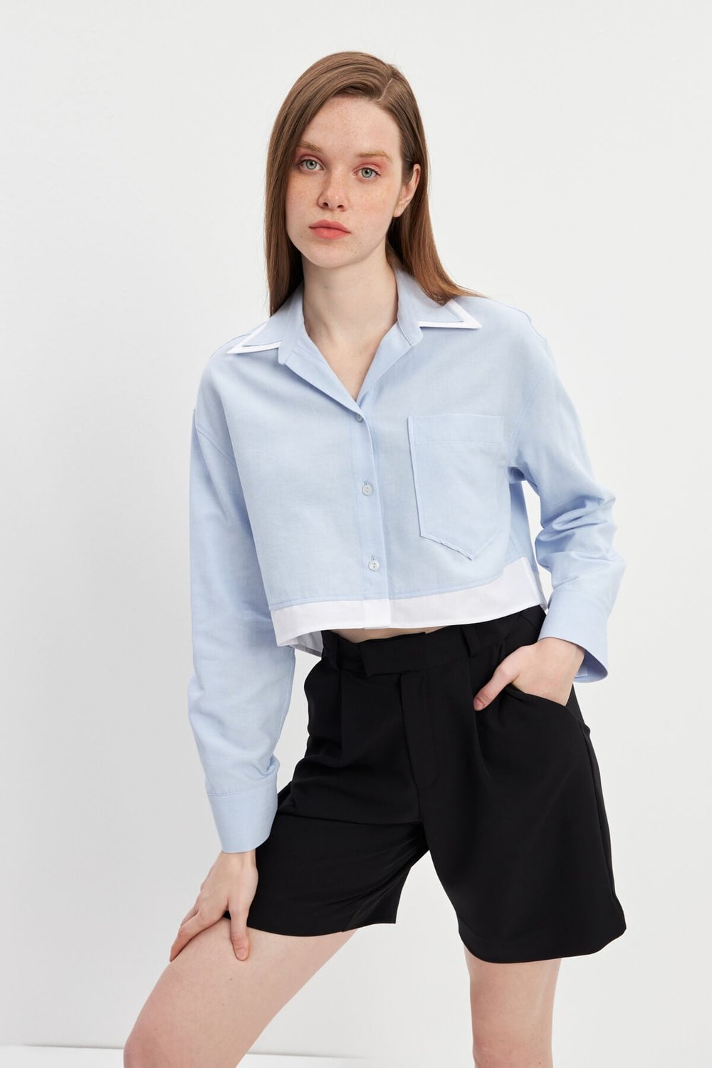Mavi Garnili Tek Cep Crop Oxford Gömlek