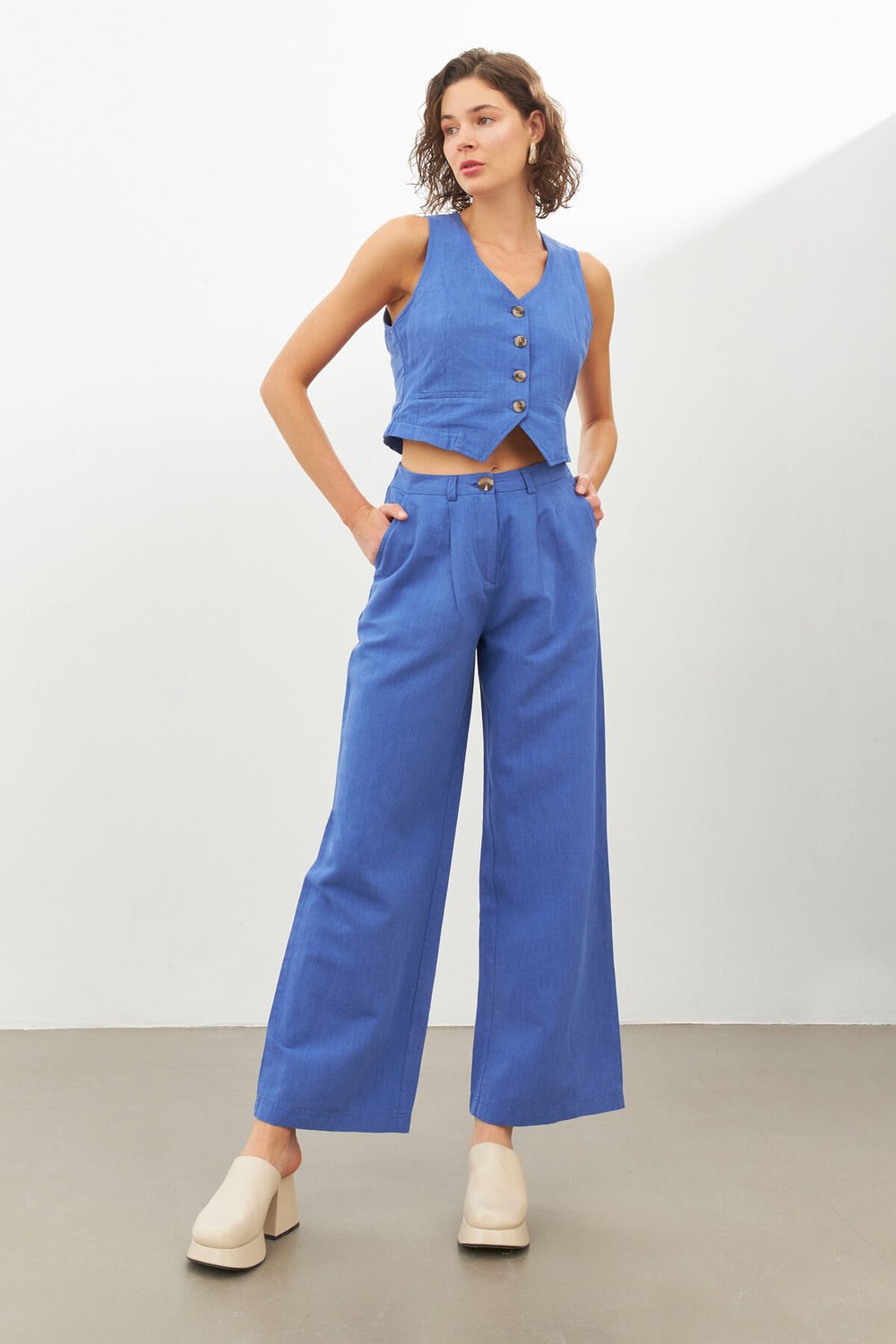 Mavi Keten Yüksek Bel Wide Leg Pantolon