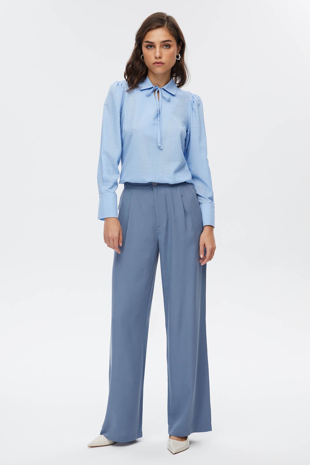 Mavi Pileli Wide Leg Pantolon