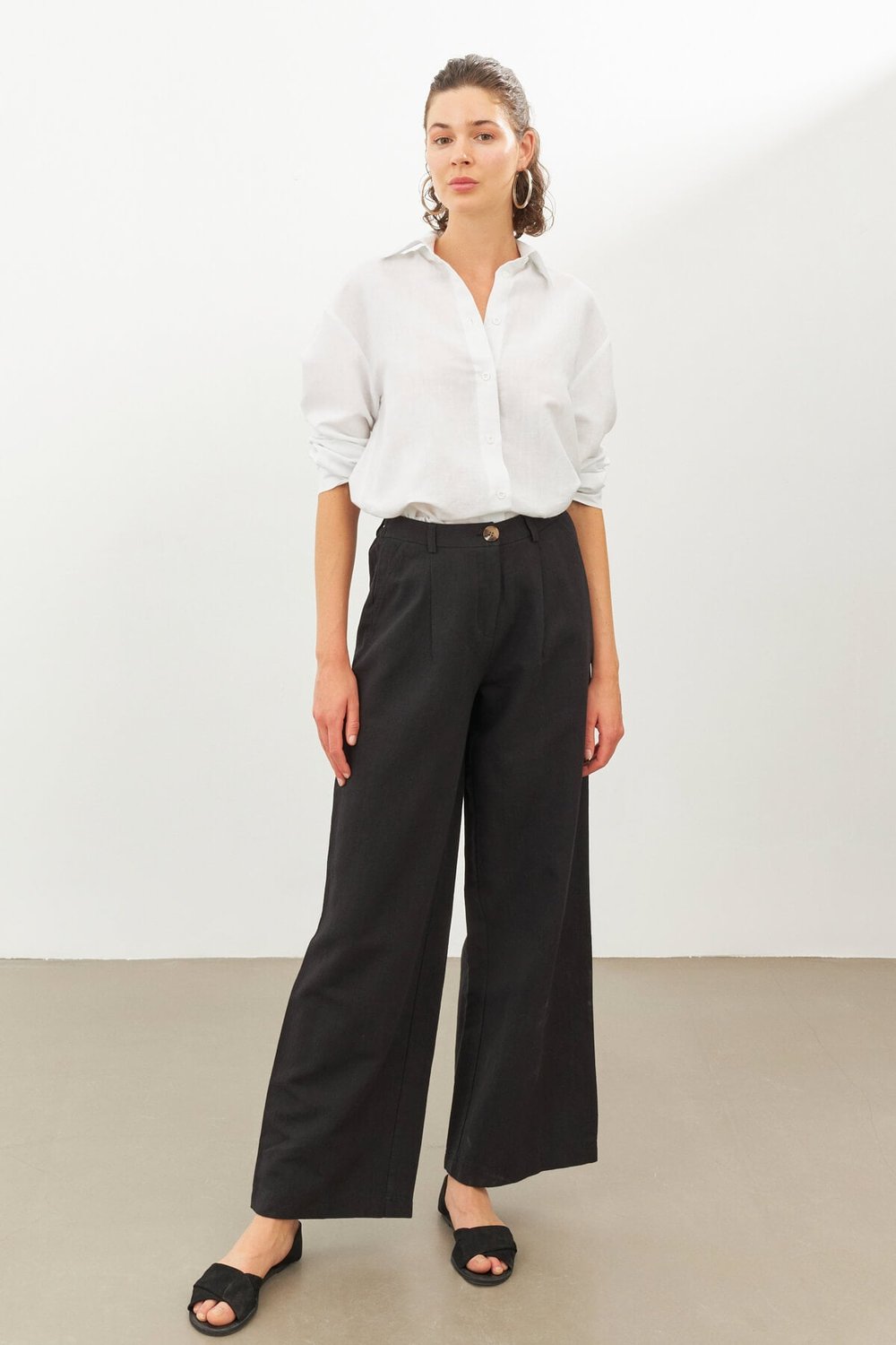 Siyah Keten Yüksek Bel Wide Leg Pantolon