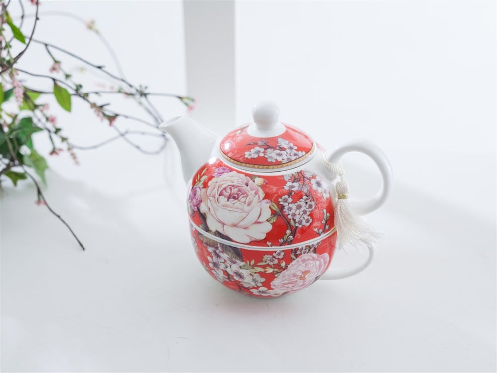Cherry Blossom Porcelain Pot Set . Red