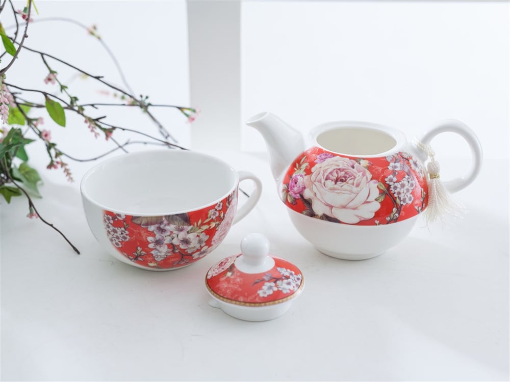 Cherry Blossom Porcelain Pot Set . Red