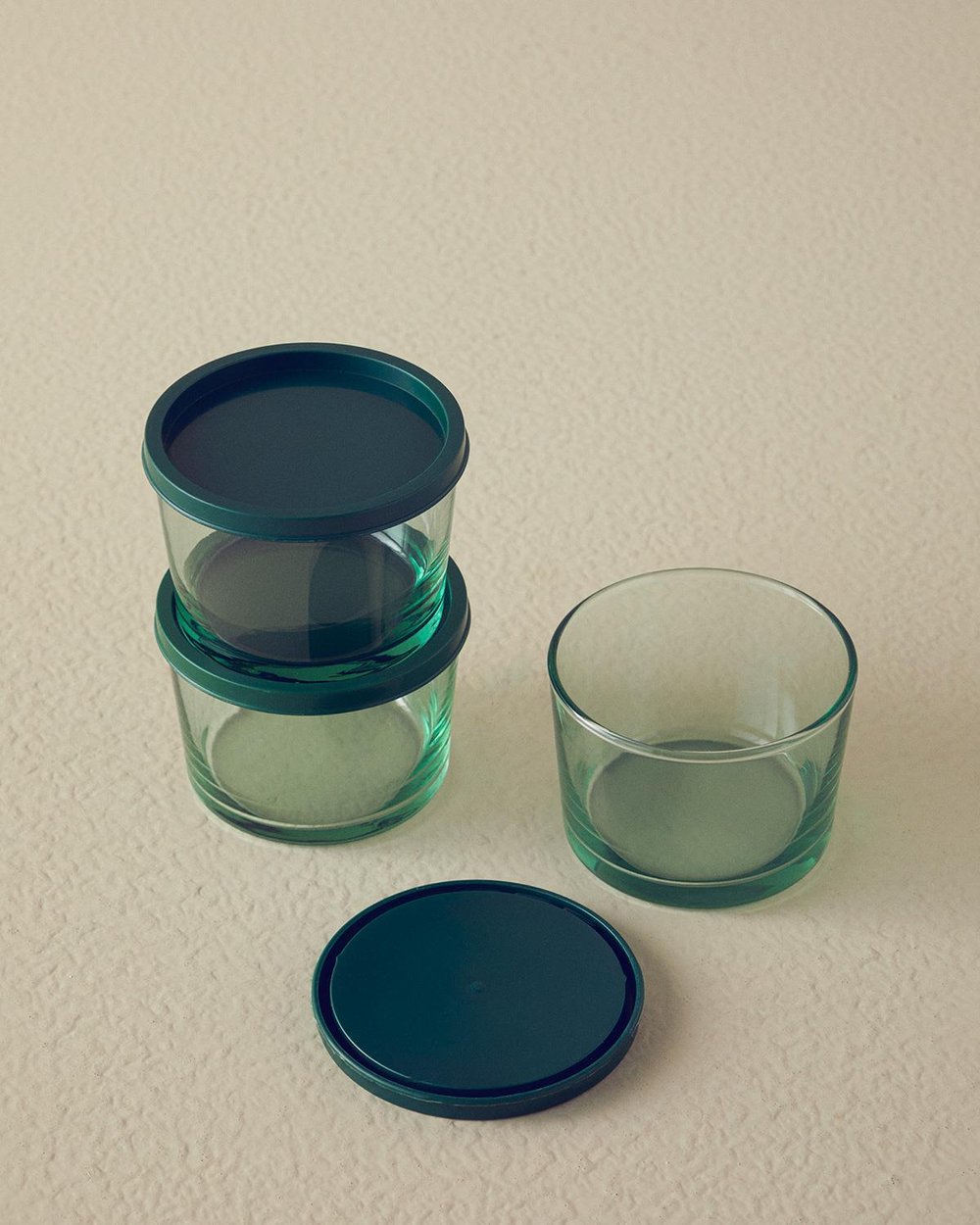 Set 3 caserole cu capac, Memories, sticlă, 220 ml, verde