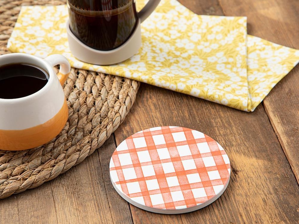 Art Pop Plaid, Suport de pahar, ceramică, 11 cm, alb-portocaliu