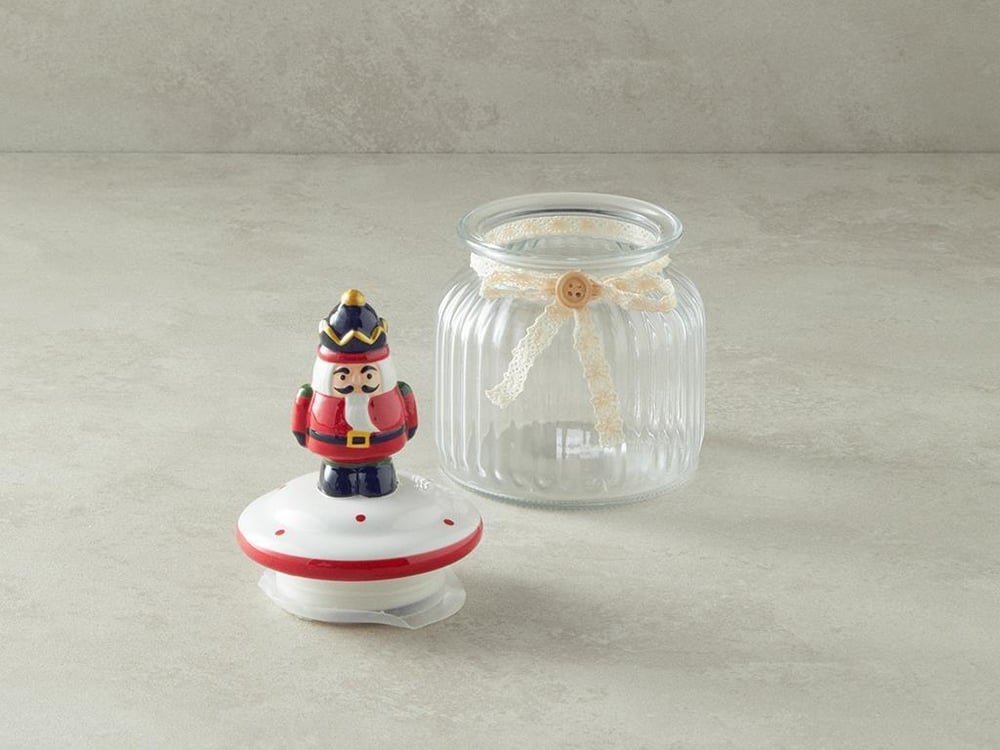 Borcan depozitare cu capac, Nutcracker, sticlă, 600 ml, roșu