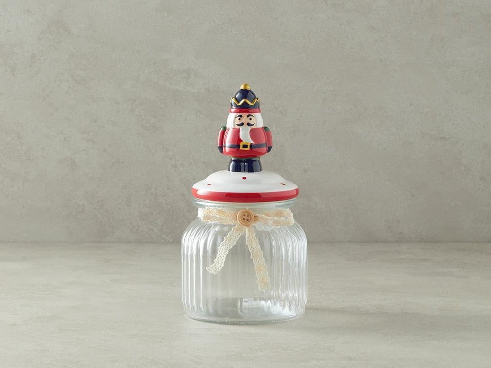Borcan depozitare cu capac, Nutcracker, sticlă, 600 ml, roșu