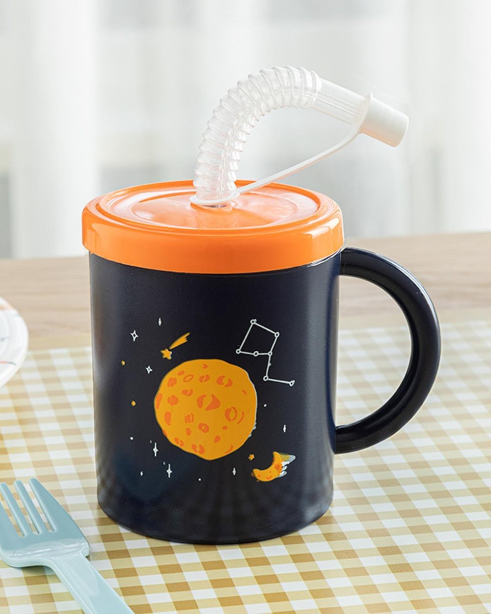 Cană cu pai pentru copii, Galaxy, 210 ml, plastic, bleumarin