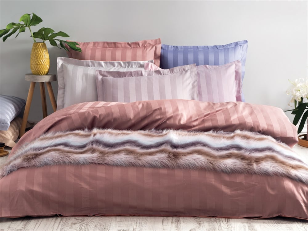 Chic nou Bumbac Satinat Cu Dungi Double Set Lenjerie De Pat 200x220 cm Lila