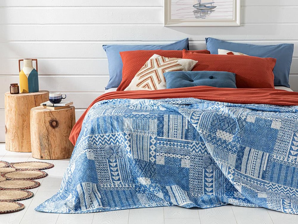 Cuvertura pat reversibila King size, Coastal Patch, poliester, 240x220 cm, bleu