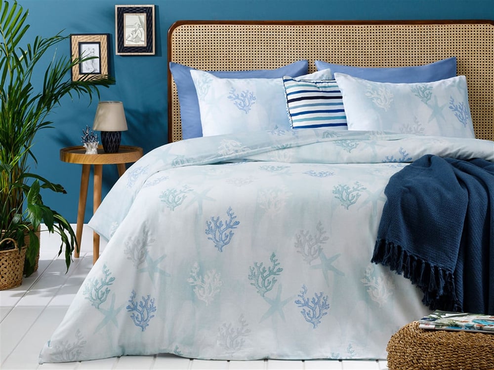 Coral Ocean Bumbac Double Set Lenjerie De Pat 200x220 cm Albastru