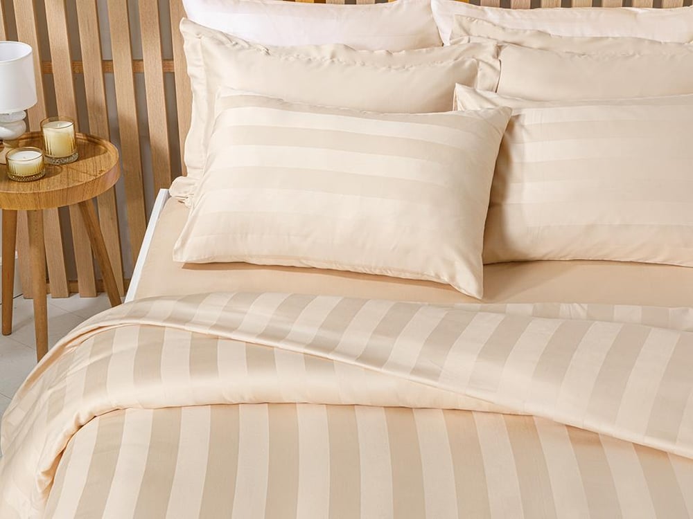 Deluxe Bumbac Satinat Cu Dungi Super King Set Lenjerie De Pat 260x220 cm Bej