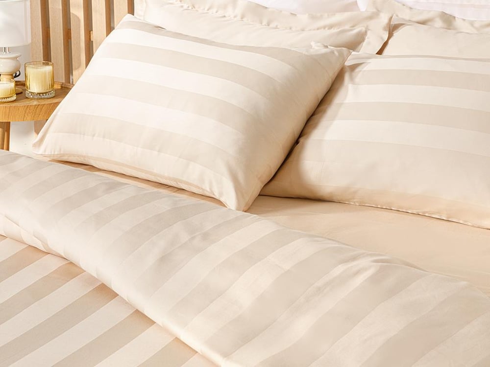 Deluxe Bumbac Satinat Cu Dungi Super King Set Lenjerie De Pat 260x220 cm Bej