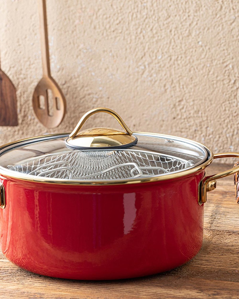 Enamel Fritöz Telli Frying Pan 22 cm Red