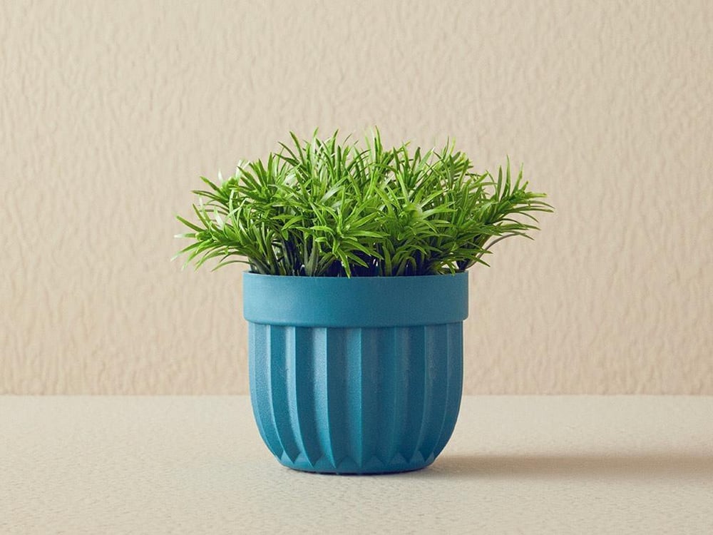 Floare artificială în ghiveci, Leaves, plastic, 13x13x13 cm, bleu