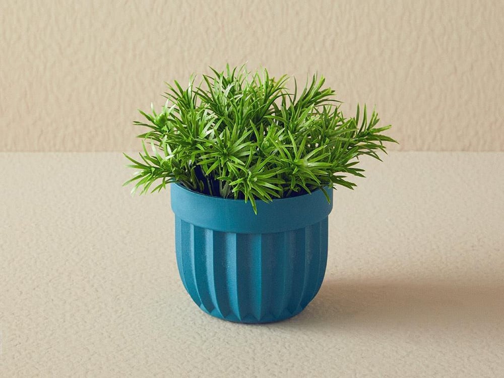 Floare artificială în ghiveci, Leaves, plastic, 13x13x13 cm, bleu